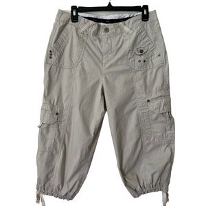 WOMENS TAN CROPPED CARGO PANTS SIZE 10 SNAP POCKETS LEG BOTTOM TIES